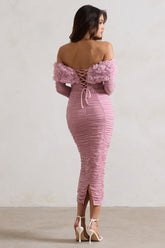 Pink Mesh Ruched Floral Bardot Lace-Up Midi Dress
